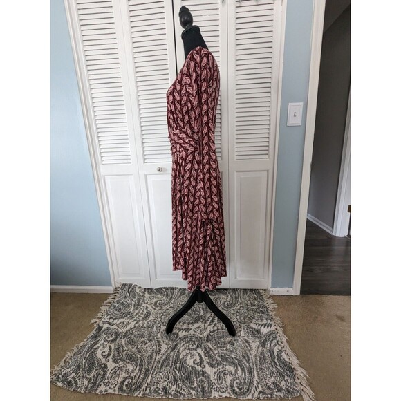 Max & Cleo Dress Womens sz M Pink Brown Leaf Print Faux Wrap Stretch Fit Flare - Picture 5 of 11